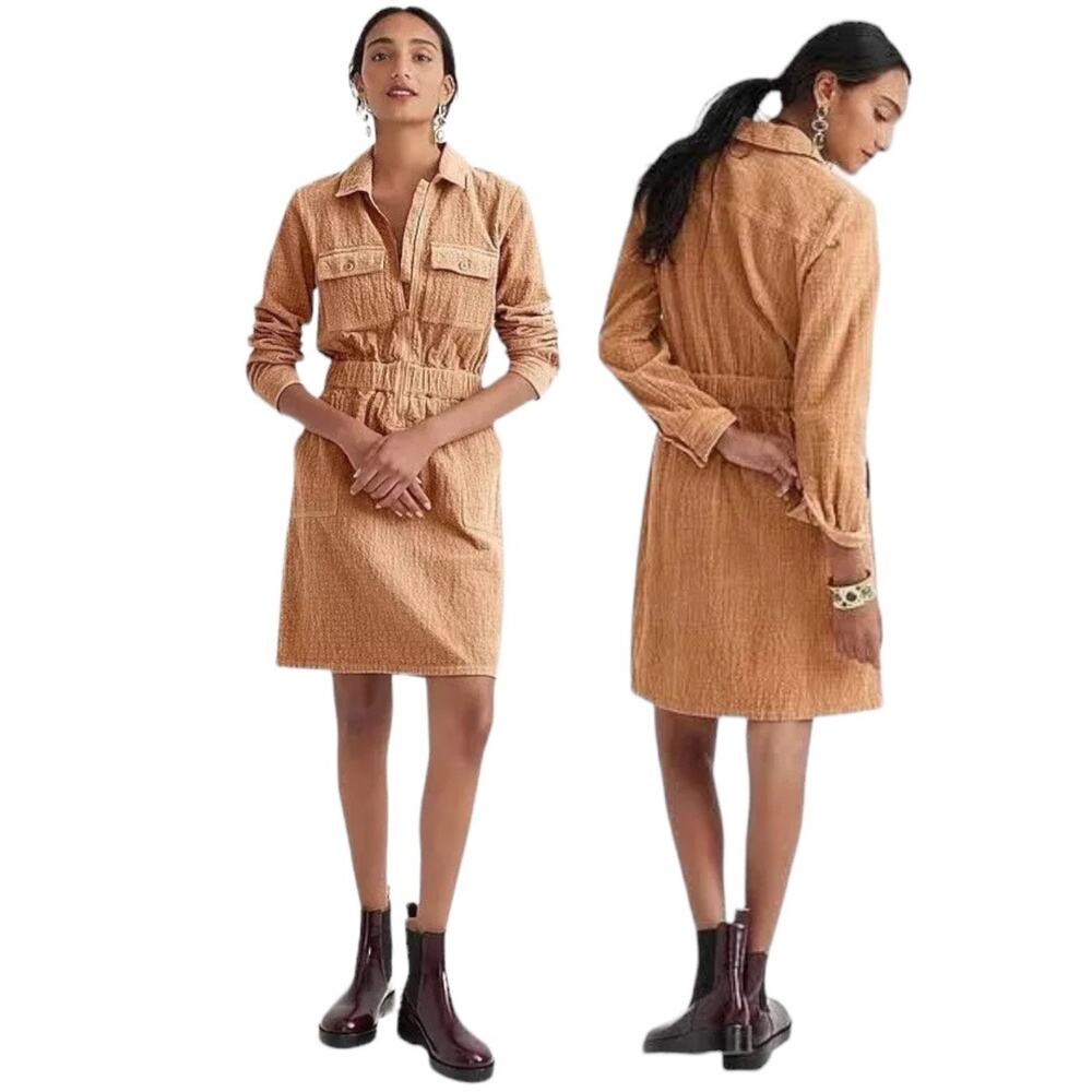 J. Crew Tan Waist Corduroy Dress Size 2 Zip Front Cinched NEW Texture Utility